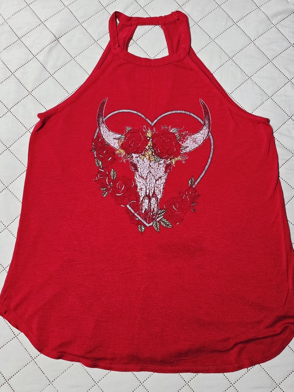 Western Boho Floral Bull Skull Heart Graphic High Neck Halter Tank Top Red MD